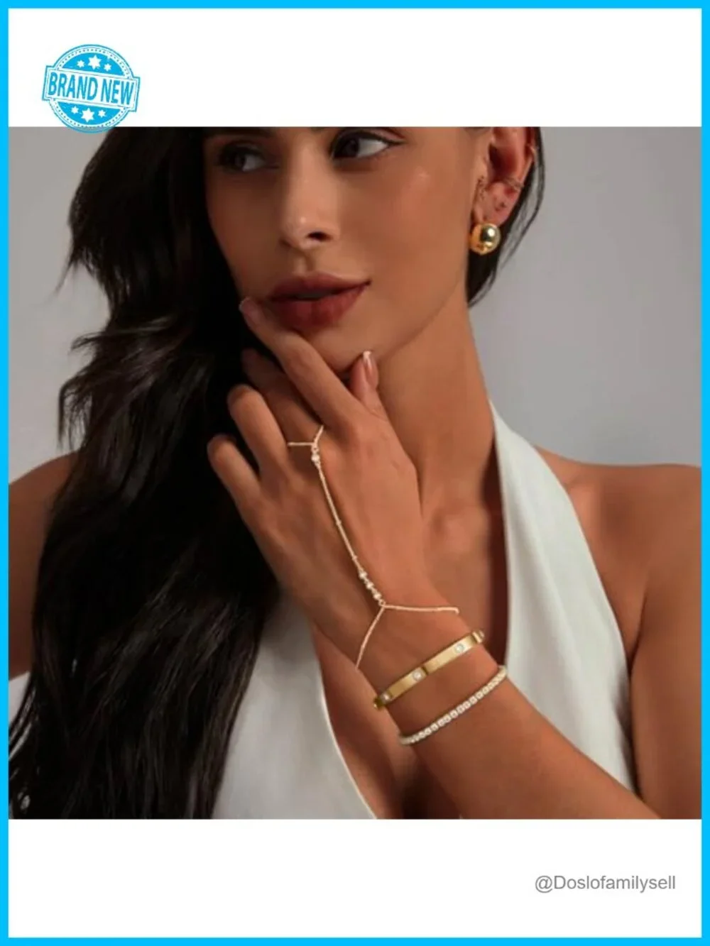 14K Gold Plated Dainty Stackable Hand Chain Bracelet Set with Cubic Zirconia